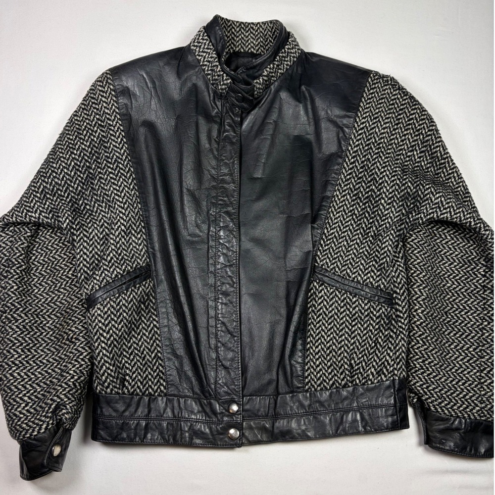 Vintage Leather Herringbone 100% Wool Bomber Jacket 80s Mixed Media Women S